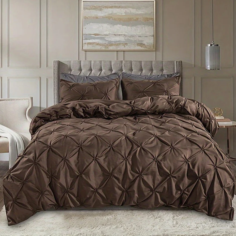 AmoreEase – Pinch Pleat Duvet Cover Set color chestnut brown